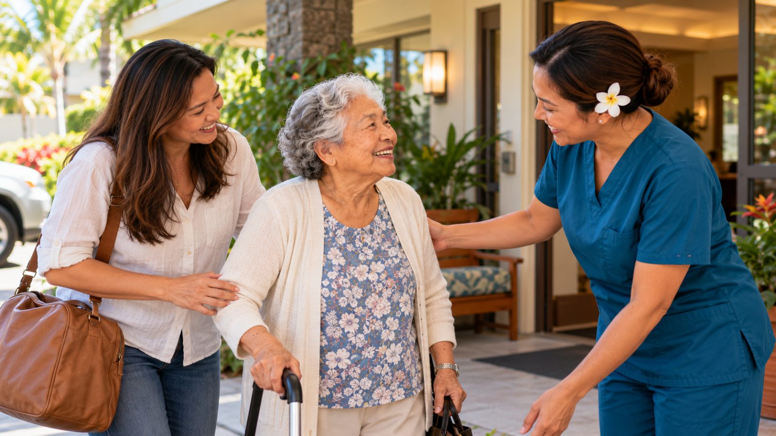 A family member and a caregiver helping an older woman arrive home