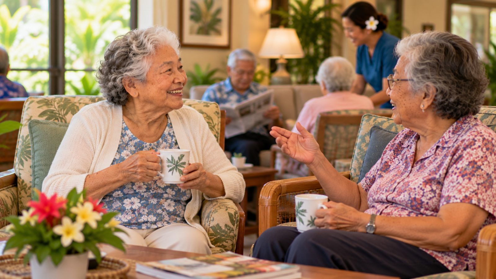 Two older women enjoying tea and conversation in a sitting room