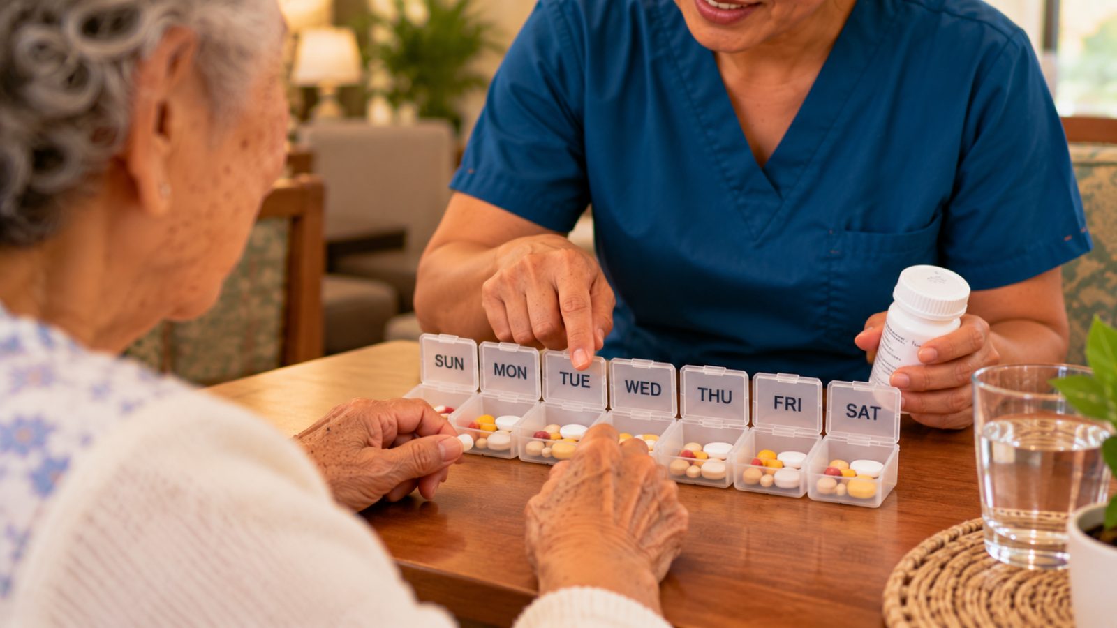 A caregiver beside a weekly pill organizer and an older woman
