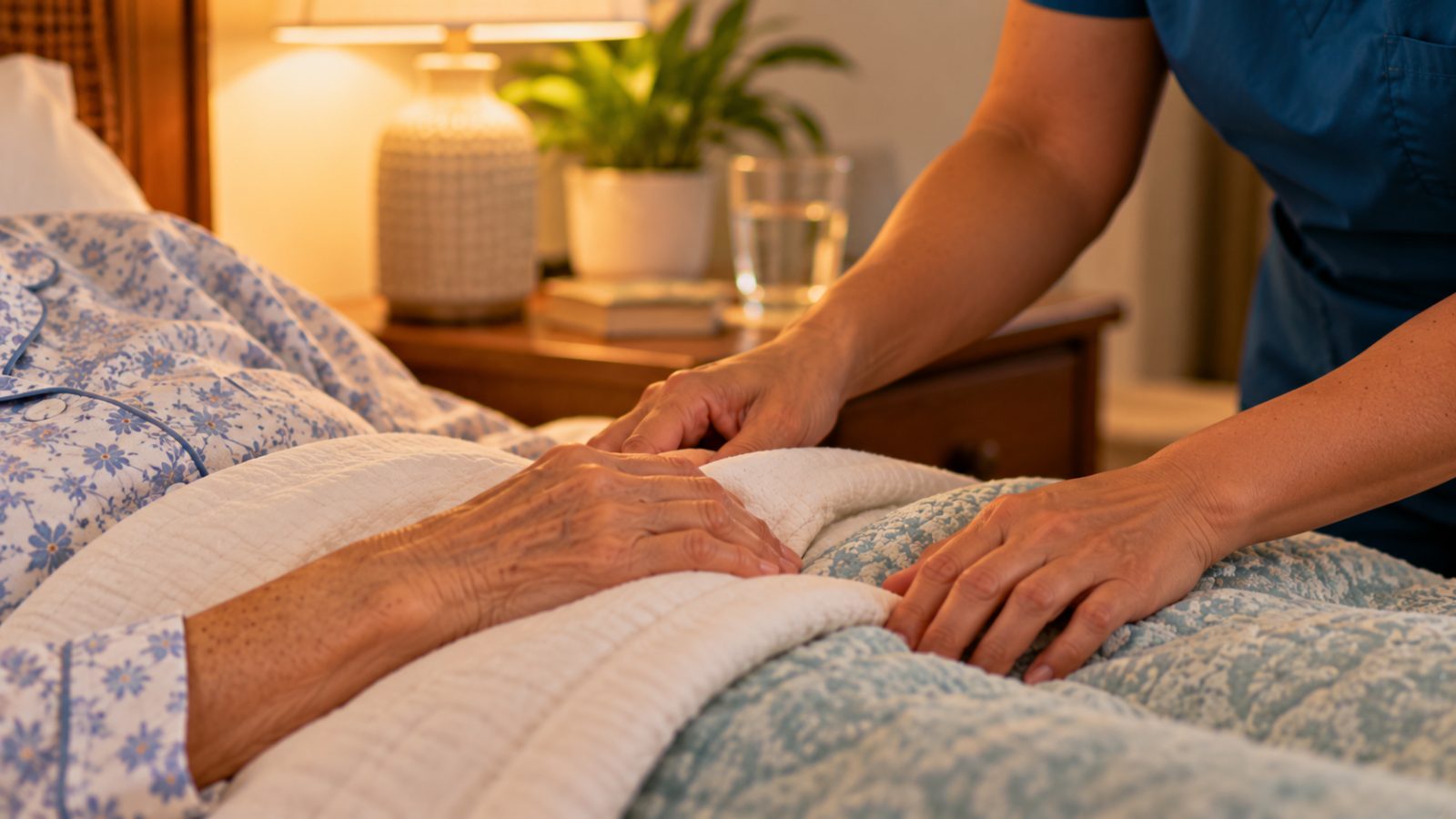 A caregiver adjusting a blanket for an older person resting in bed