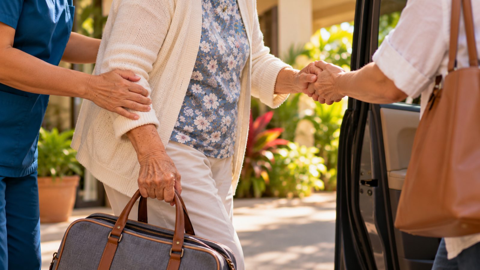 A caregiver offering an arm to an older woman walking with a cane